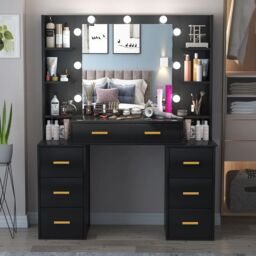 RAC3 Luxury Vanity Makeup Table, LED Lights Large Storage Drawers & Mirror in Black - thumbnail 1