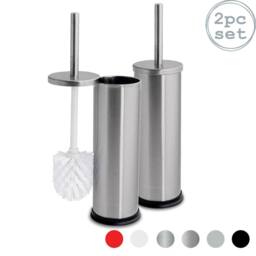 Harbour Housewares 2x Round Toilet Brushes with Holder - Non Slip Cleaning Brush Set in Metallic Silver