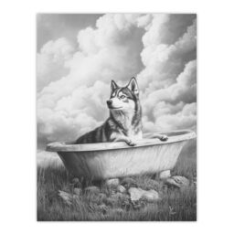 "Artery8 Husky Bath Time Bathtub Black White Surreal Wall Art Print in Grey - Size: W24"" x H32""" - thumbnail 1