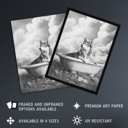 "Artery8 Husky Bath Time Bathtub Black White Surreal Wall Art Print in Grey - Size: W24"" x H32""" - thumbnail 2