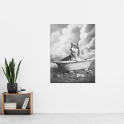 "Artery8 Husky Bath Time Bathtub Black White Surreal Wall Art Print in Grey - Size: W24"" x H32""" - thumbnail 4