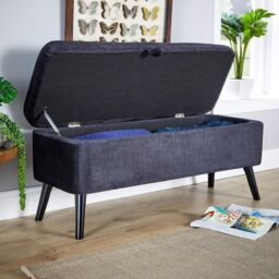 Home Source Ottoman Box Velvet Fabric Hidden Storage Wooden Legs Home Living in Black
