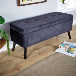 Home Source Ottoman Box Velvet Fabric Hidden Storage Wooden Legs Home Living in Black - thumbnail 4