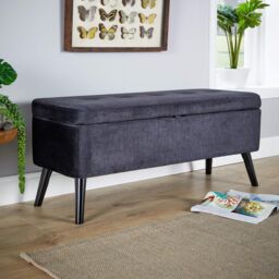 Home Source Ottoman Box Velvet Fabric Hidden Storage Wooden Legs Home Living in Black - thumbnail 2