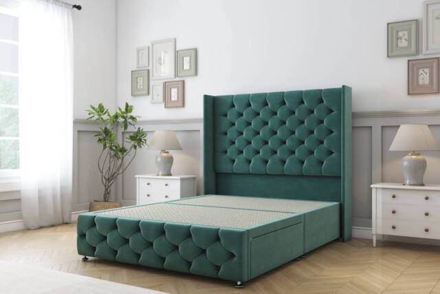 "Sloomy Luthor Plush Divan Base No Drawers - 54"" Wingback & 12"" Footboard in Emerald - Size: Double" - image 1