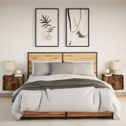 Berkfield Home Wall-mounted Bedside Cabinets with LED Lights 2 pcs Smoked Oak in Brown - thumbnail 4