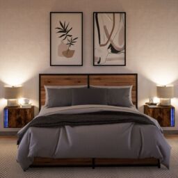 Berkfield Home Wall-mounted Bedside Cabinets with LED Lights 2 pcs Smoked Oak in Brown - thumbnail 5