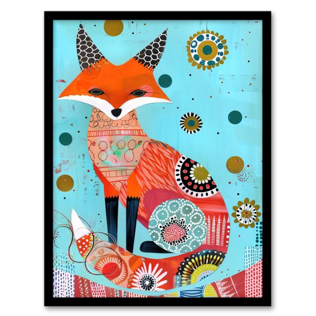 Artery8 Fox Folk Art Portrait Colourful Pattern Design Framed Art Print in Blue - Size: A4 - image 1