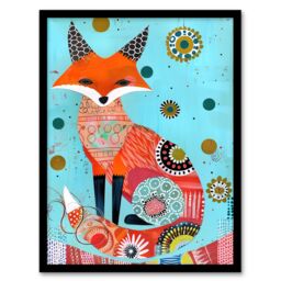Artery8 Fox Folk Art Portrait Colourful Pattern Design Framed Art Print in Blue - Size: A4 - thumbnail 1