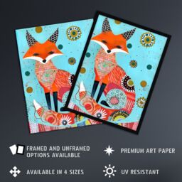 Artery8 Fox Folk Art Portrait Colourful Pattern Design Framed Art Print in Blue - Size: A4 - thumbnail 2
