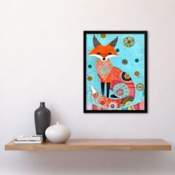 Artery8 Fox Folk Art Portrait Colourful Pattern Design Framed Art Print in Blue - Size: A4 - thumbnail 4