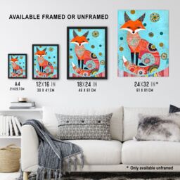 Artery8 Fox Folk Art Portrait Colourful Pattern Design Framed Art Print in Blue - Size: A4 - thumbnail 3
