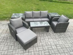 Fimous 6 Seater Rattan Garden Furniture Set with Rectangular Coffee Table 2 Side Tables Big Footstool Patio Outdoor Rattan Set in Dark Grey - thumbnail 2