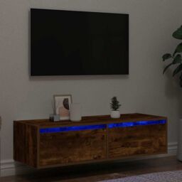 Berkfield Home TV Cabinet with LED Lights Smoked Oak 100X35.5x25 cm in Brown - thumbnail 1