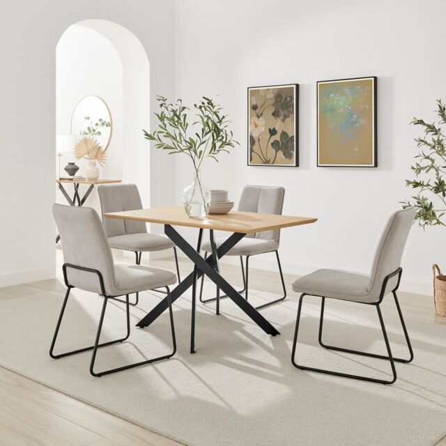 FurnitureboxUK Leonardo Oak Effect Dining Table & 4 Halley Taupe Fabric Chairs in Brown - image 1