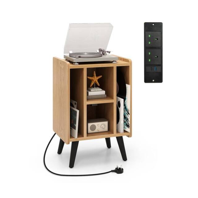 Gymax Record Player Stand Turntable With 4 Open Shelves & Charging Port in Light Khaki - image 1