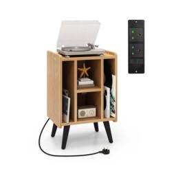 Gymax Record Player Stand Turntable With 4 Open Shelves & Charging Port in Light Khaki