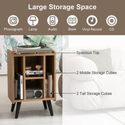 Gymax Record Player Stand Turntable With 4 Open Shelves & Charging Port in Light Khaki - thumbnail 5