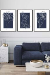 ARTZE Set of 3 Black Framed Line Art Sketch Flowers on Navy Blue Wall Art - Size: W33 cm x H45 cm x D20mm - thumbnail 1