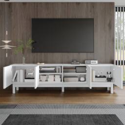 Merax 169cm Low TV Stand with Four Push-to-Open Doors & Solid Wood Legs in White - thumbnail 5