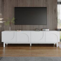 Merax 169cm Low TV Stand with Four Push-to-Open Doors & Solid Wood Legs in White