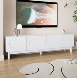 Merax 169cm Low TV Stand with Four Push-to-Open Doors & Solid Wood Legs in White - thumbnail 6
