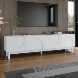 Merax 169cm Low TV Stand with Four Push-to-Open Doors & Solid Wood Legs in White - thumbnail 3