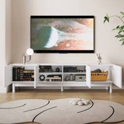 Merax 169cm Low TV Stand with Four Push-to-Open Doors & Solid Wood Legs in White - thumbnail 4