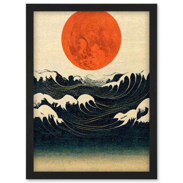 Artery8 Minimalist Large Orange Moon Over Ocean Waves Ukiyo-e Style Artwork Framed Wall Art Print A4 in Black - image 1
