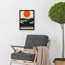 Artery8 Minimalist Large Orange Moon Over Ocean Waves Ukiyo-e Style Artwork Framed Wall Art Print A4 in Black - thumbnail 2