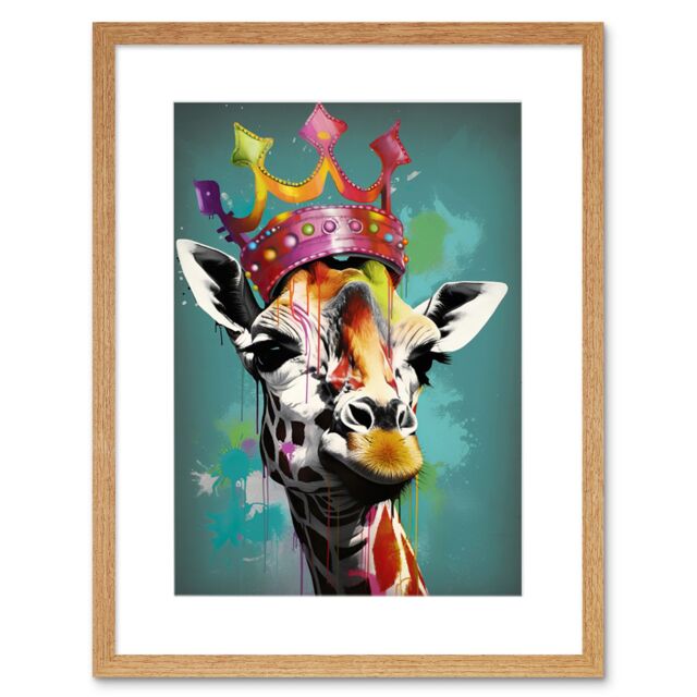 "Artery8 Wall Art Print Giraffe Wearing Rainbow Crown King Queen Pop Artwork Framed 9X7 Inch in Beige - Size: W7"" x H9""" - image 1