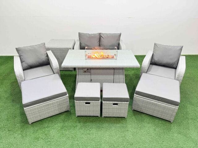 Fimous 8 Seater Outdoor Garden Furniture Sets with Gas Firepit Table in Light Grey - image 1