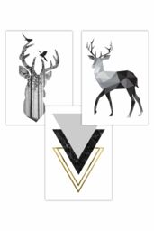 ARTZE Set of 3 Graphical Geometric Black Grey Stag Set Art Posters - Size: W50 cm x H70 cm - thumbnail 1
