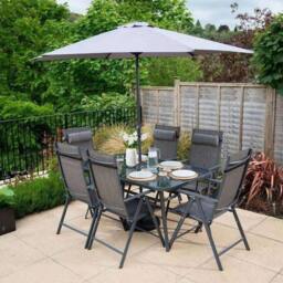 Hectare 6 Seater Dining Set With Parasol Reclining Chairs Glass Table In Grey - thumbnail 1