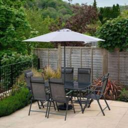 Hectare 6 Seater Dining Set With Parasol Reclining Chairs Glass Table In Grey - thumbnail 2
