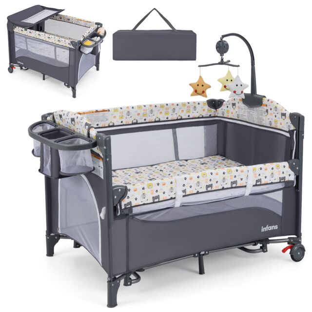 Gymax 6-in-1 Baby Travel Cot Folding Playpen With Changing Table Carry Bag in Grey - image 1