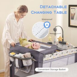 Gymax 6-in-1 Baby Travel Cot Folding Playpen With Changing Table Carry Bag in Grey - thumbnail 6