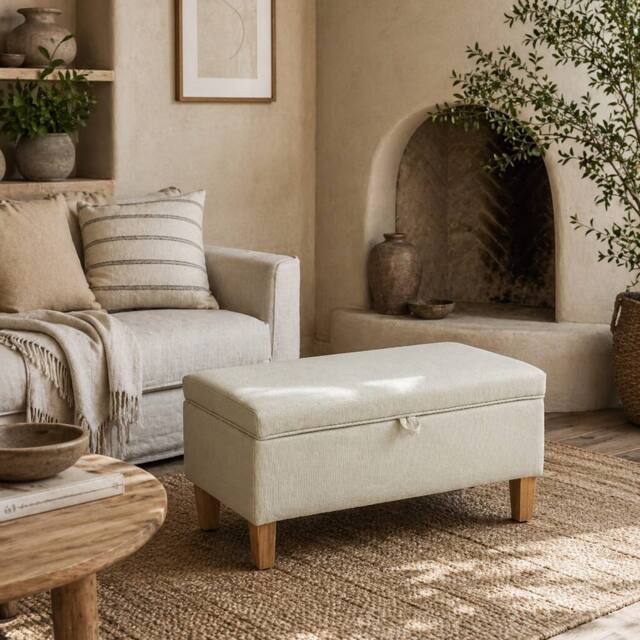 Wyld Haus Suba Linen Look Beige Storage Ottoman Bench with Natural Wooden Legs - image 1