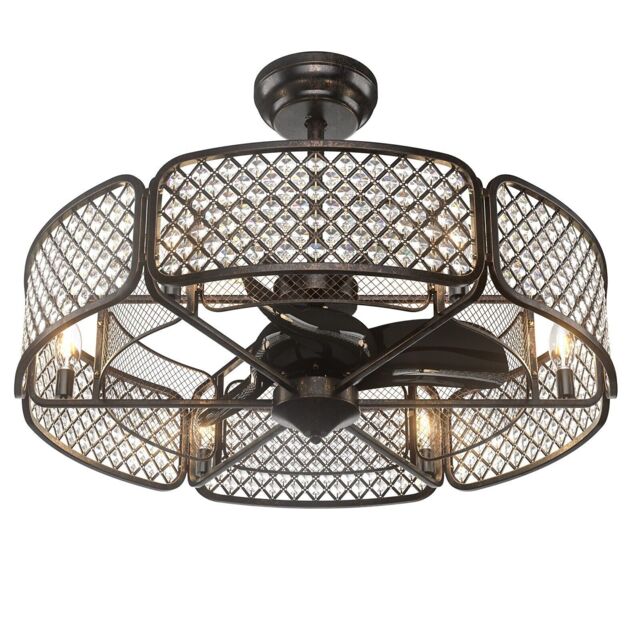 Costway Caged Ceiling Fan Crystal Ceiling Fan Light w/ 6 Gear Speeds & 3 Fan Blades in Brown