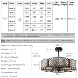 Costway Caged Ceiling Fan Crystal Ceiling Fan Light w/ 6 Gear Speeds & 3 Fan Blades in Brown - thumbnail 2