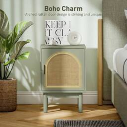 HOMCOM Rattan Bedside Tables Boho Nightstands w/ Cabinet Set of 2 Green in Light Green - thumbnail 5