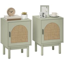 HOMCOM Rattan Bedside Tables Boho Nightstands w/ Cabinet Set of 2 Green in Light Green - thumbnail 2