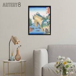"Artery8 Noto Province Waterfall Bay Framed Canvas Wall Art Print Hiroshige in Blue - Size: W12"" x H16""" - thumbnail 3