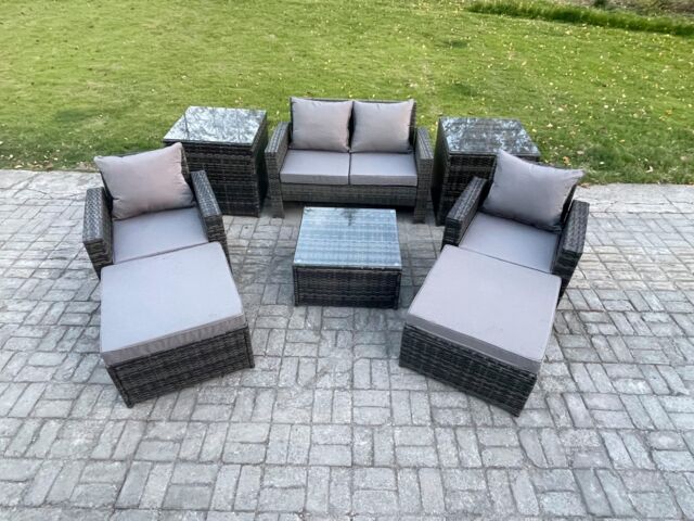 Fimous Rattan Wicker Garden Furniture 6 Seater Patio Conservatory Sofa Set with Square Coffee Table Armchair 2 Seater Sofa in Dark Grey