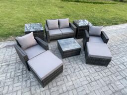 Fimous Rattan Wicker Garden Furniture 6 Seater Patio Conservatory Sofa Set with Square Coffee Table Armchair 2 Seater Sofa in Dark Grey - thumbnail 2