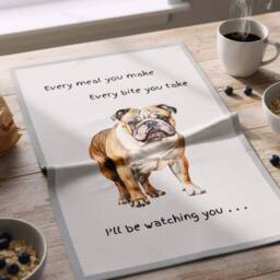 Animal Crackers Dog Tea Towel With 'Watching You' Funny Wording - English Bulldog in White - thumbnail 2