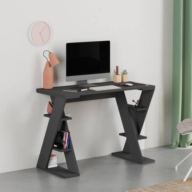 Decortie Papillon' Modern Working Desk with Integrated Mini Storage Shelves in Dark Grey - Size: 1 Pack - image 1