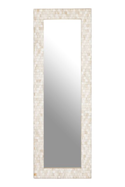 Orsina Boho Rectangular Wall Mirror, Whitewash Teak Wood Mosaic Frame, Subtle Accent Mirror for Living Room in White - image 1