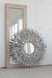 Orsina Boho Rectangular Wall Mirror, Whitewash Teak Wood Mosaic Frame, Subtle Accent Mirror for Living Room in White - thumbnail 2