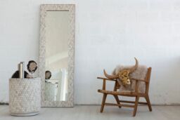 Orsina Boho Rectangular Wall Mirror, Whitewash Teak Wood Mosaic Frame, Subtle Accent Mirror for Living Room in White - thumbnail 3